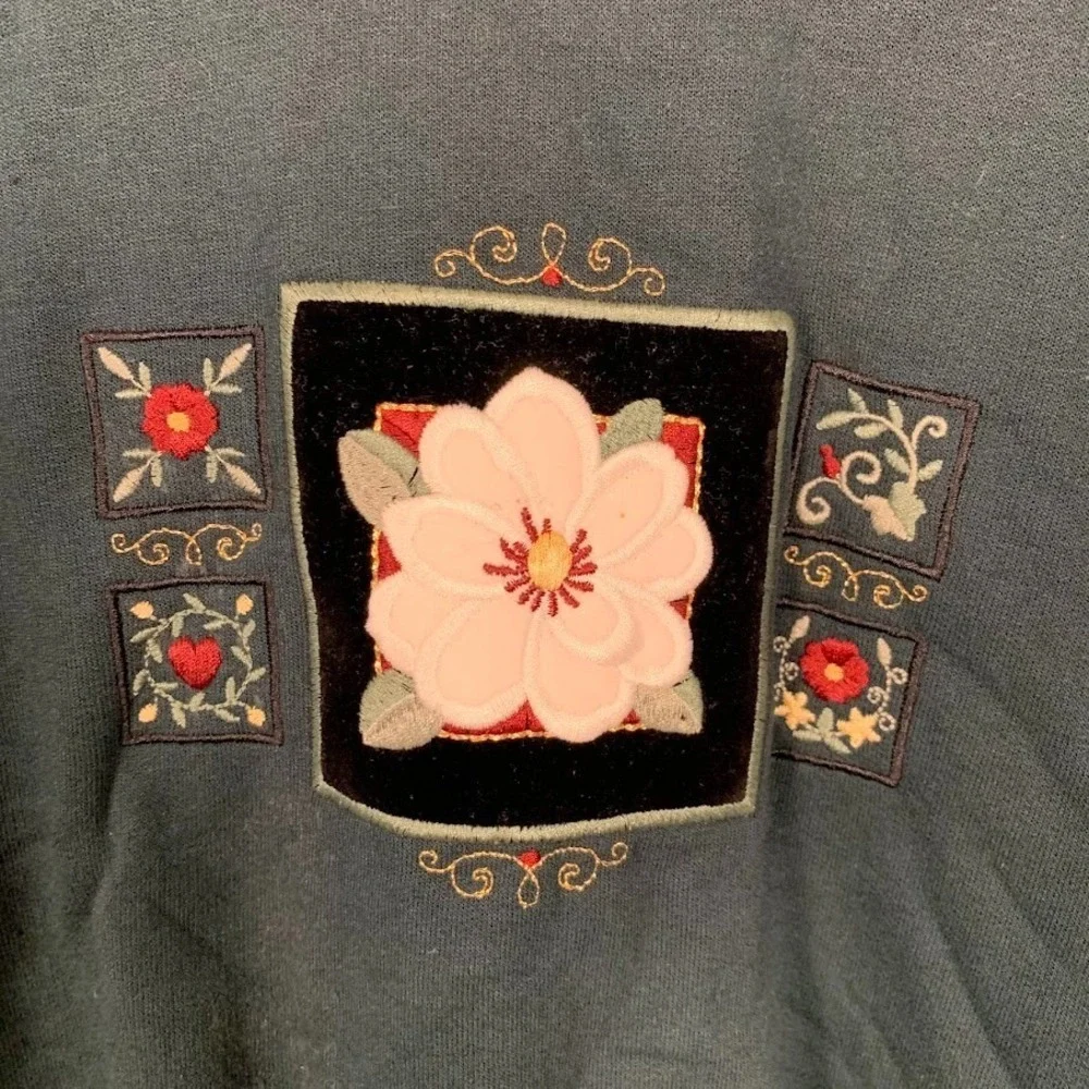 Vintage Top Stitch Green Pullover‎ Sweater Embroidered Flower Women's 2X